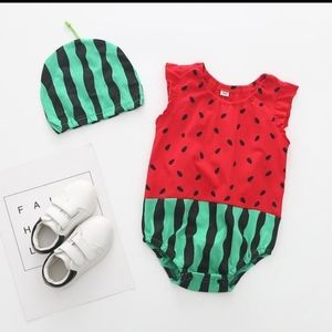 Watermelon girl summer outfit romper hat